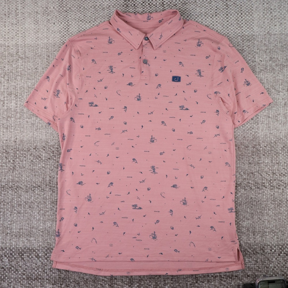 Avid Performance Polo Mens Large Pink Nautical Print UV Protection Excellent